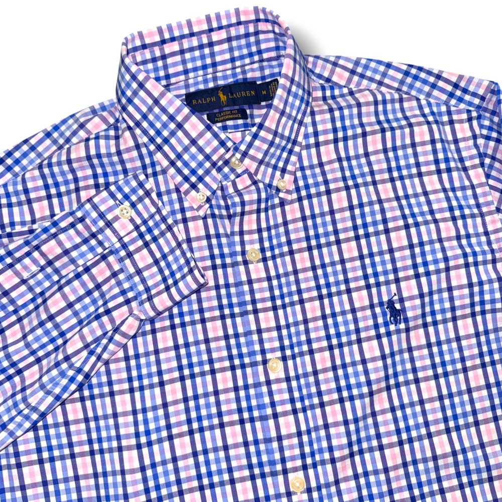 Ralph Lauren Button Down Shirt Mens M Blue Pink Plaid Classic Fit Performance‎